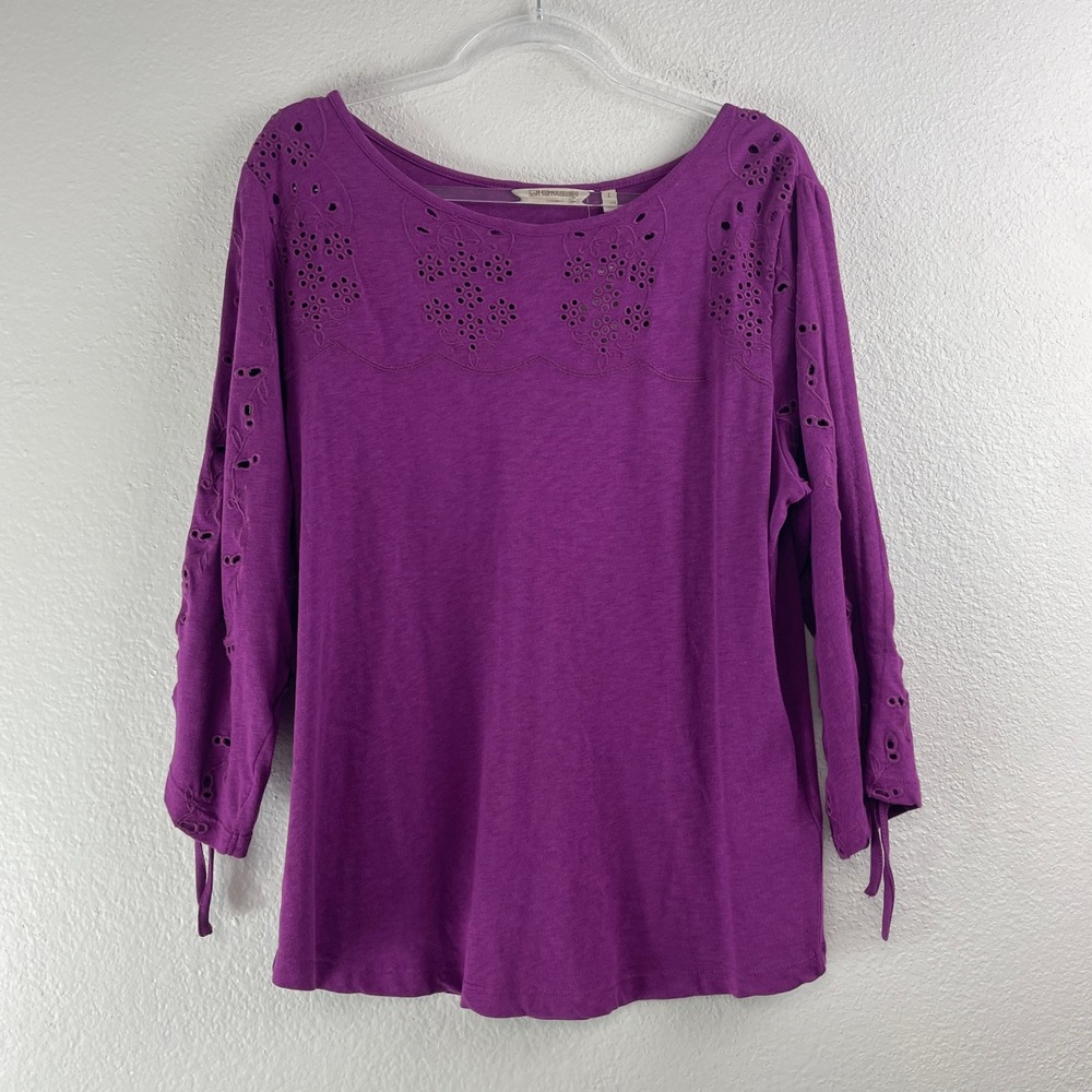 Soft Surroundings Elle‎ Top Womens L Hollyhock Purple Eyelet Embroidered Boho